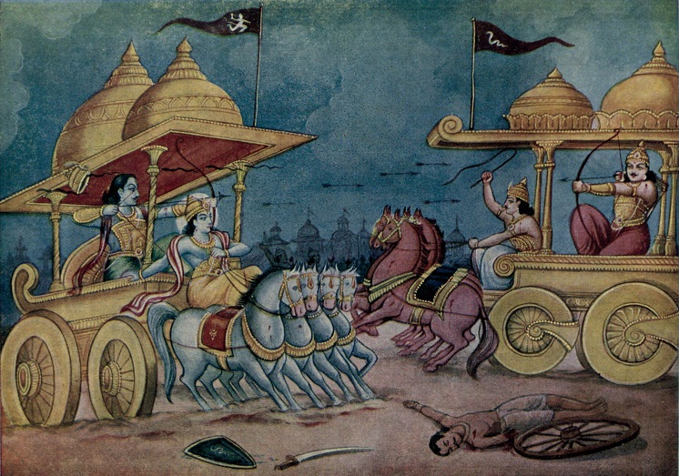 Lord Krishna and Arjuna as Krishna protects him from arrows